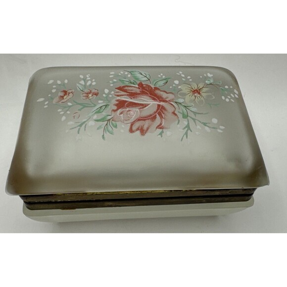 Trinket Box with Hinged Lid Brass Frosted White Hand Painted Floral Roses - Picture 2 of 9